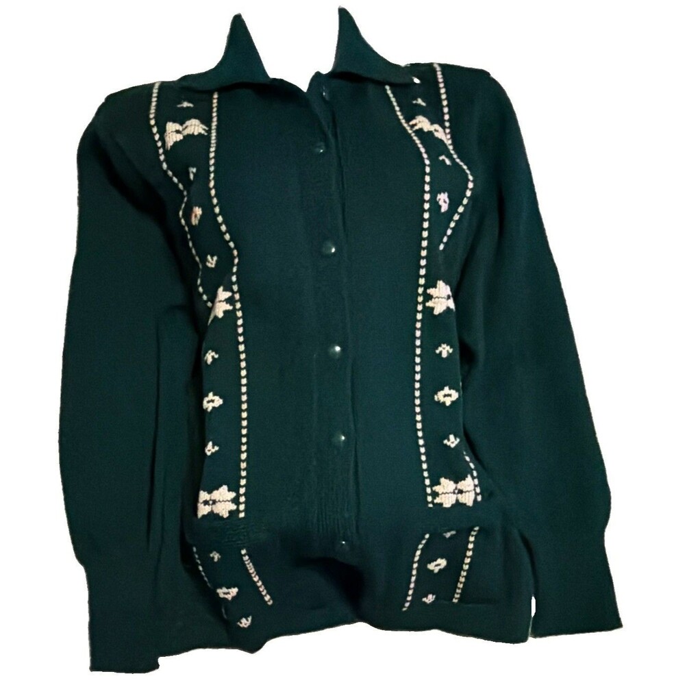 Vintage forest green embroidered floral knit cardigan sweater jacket - M/L